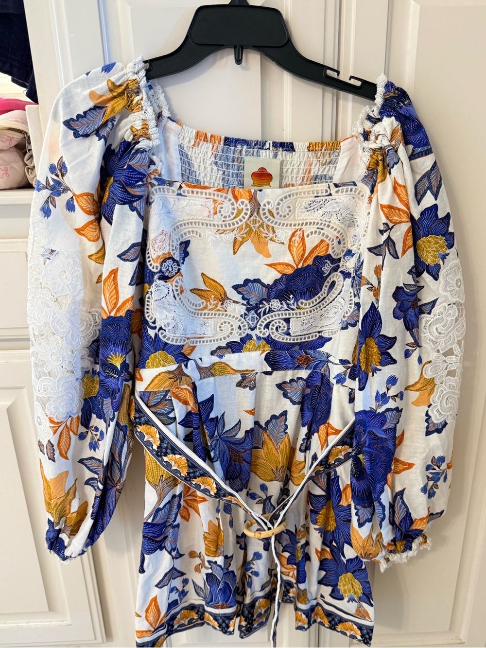 Farm Rio White Floral Lace Romper with Blue & Mustard Yellow Print